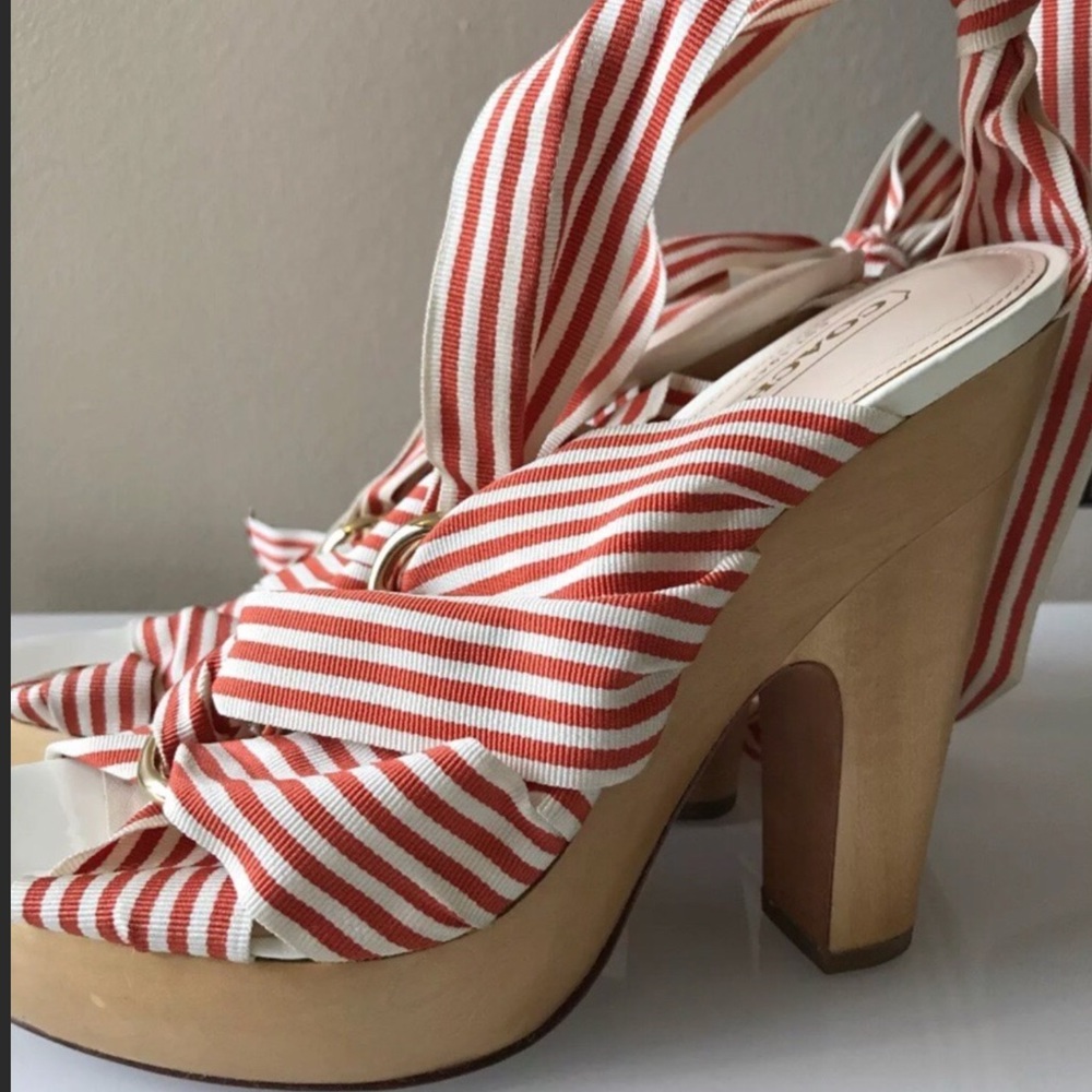 Coach Striped Ribbon Ankle Wrap Mules
